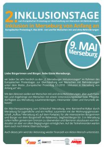 Wir laden Sie herzlich zu den 2. Inklusionstagen Merseburg am 09. Mai 2018 ein!